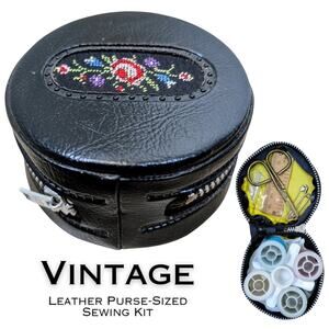 Vintage Black Leather Mini Zippered Round Sewing Kit Embroidered Floral  3"